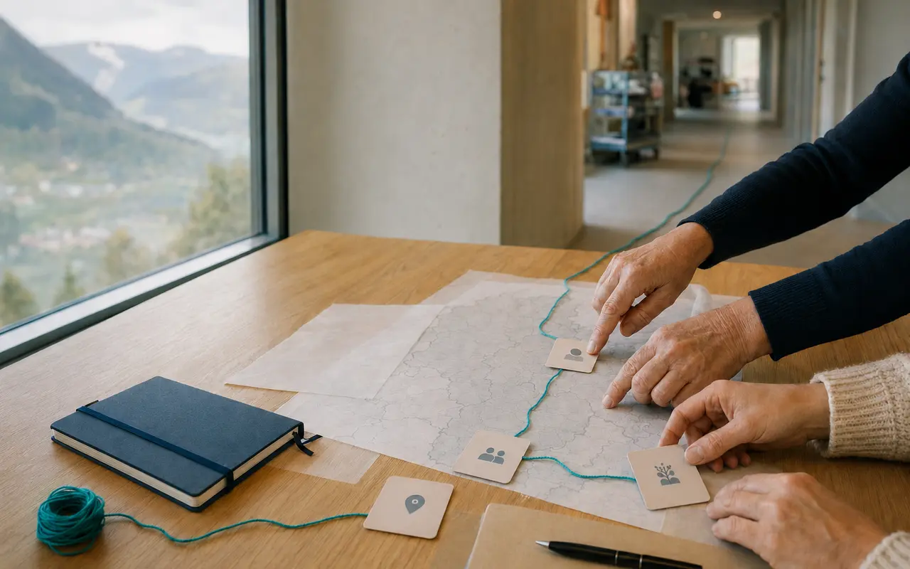 Quatre mains structurent une décision sur une carte régionale; un fil turquoise mène vers la mise en œuvre quotidienne